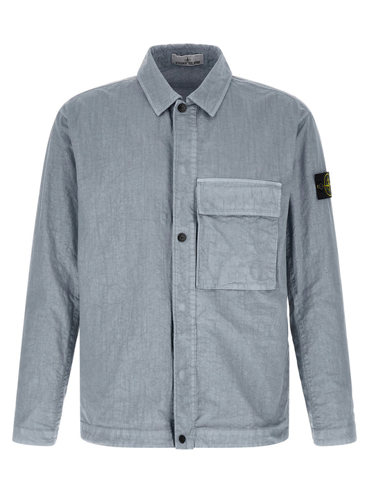 Overshirt by Stone Island for men in nylon light-blue features an architectural silhouette with a refined long-sleeve and elegant for a architectural look.