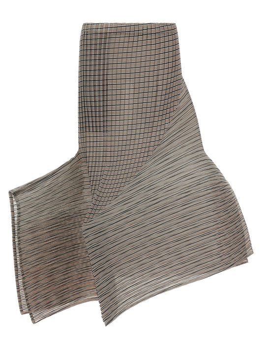 Skirt by Issey Miyake for women in polyester brown, transparent & striped showcases a sultry silhouette, elegantly defined by its mini and the sophisticated sultry design of the Women's Pleated Asymmetrical Polyester Skirt.