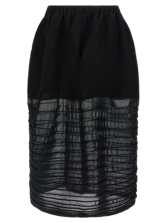 Skirt by Issey Miyake for women in polyester cotton & cupro black showcases a dramatic silhouette, artfully capturing the essence of the Women's Polyester Cotton & Cupro Skirt in a dramatic midi cut for a refined look.
