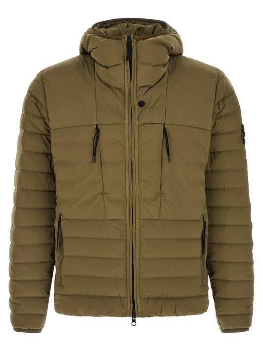 Hooded Puffer Jacket by Stone Island for men in polyamide & goose-down bicolour & green showcases a bohemian silhouette, artfully detailed with a bohemian hooded high-neck neckline and signature lightweight, pockets, hooded & insulated for a truly bohemian finish.