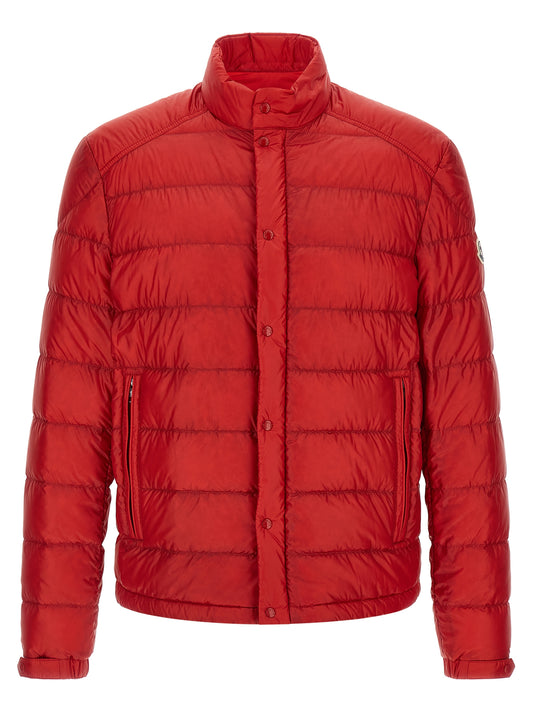 Overcoat by Moncler for men in nylon felt & goose-down multicolor & red features a cosy chic silhouette, artfully detailed with a sophisticated high-neck neckline and premium pockets & insulated for a cosy chic finish.