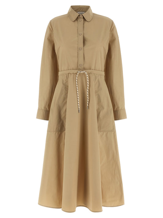 Dress by Moncler for women in cotton polyester felt beige features an sultry silhouette defined by a and , falling to an sultry midi long for a sultry look.