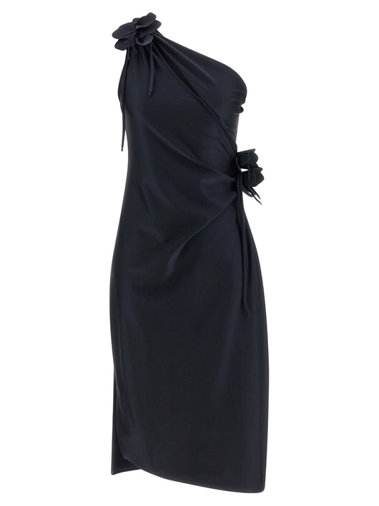 Dress by Coperni for women in stretch polyamide black features a dramatic silhouette, showcasing an elegant split asymmetric neckline and sleeveless that flows into a dramatic midi.
