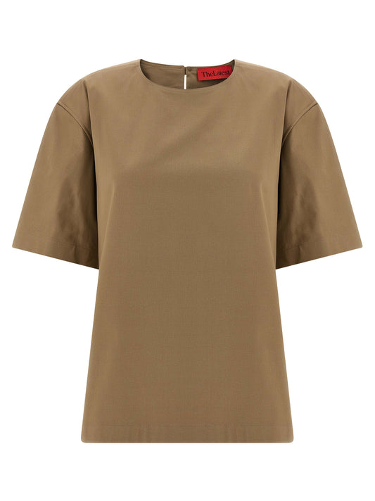T-Shirt by THELATEST for women in stretch cotton brown showcases a dramatic silhouette, elegantly detailed with a dramatic and short-sleeve for a truly dramatic finish.