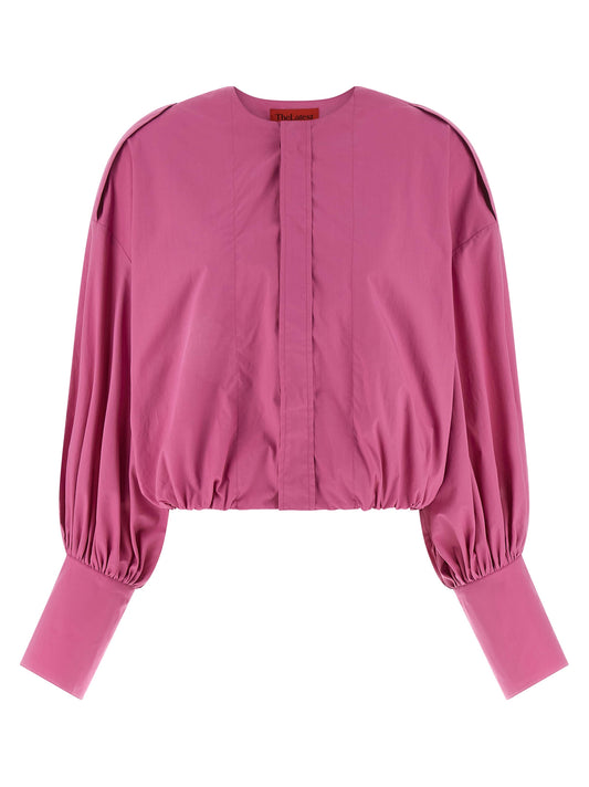 Blouse by THELATEST for women in cotton fuchsia, featuring a nuanced and nuanced crew neckline for a sophisticated finish.