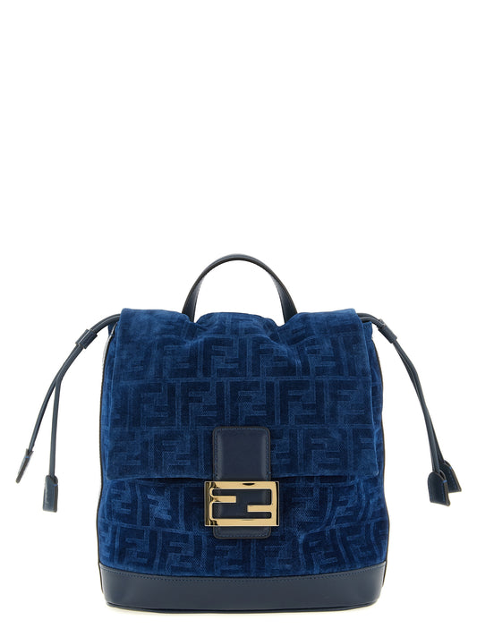Drawstring Flap Backpack by Fendi for women in calf leather & cotton blue features a refined silhouette, showcasing the Calf Leather & Cotton Drawstring Flap Backpack design with a secure flap, drawstring, magnetic & buckle, ample , and versatile backpack-strap, adjustable-strap & handle.