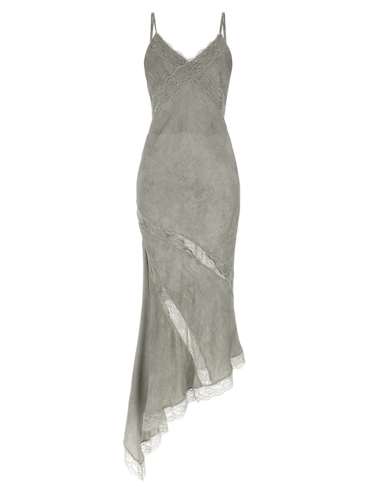 Dress by The Andamane for women in satin viscose gray features an cute silhouette, detailed with a and wide-neck neckline that elegantly flows into a cute long.