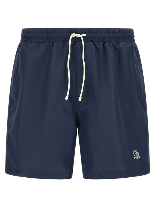 Swim Shorts by Brunello Cucinelli for men in nylon polyester & mesh blue features a beach chic silhouette, showcasing the signature style of the Men's Nylon Polyester & Mesh Swim Shorts.