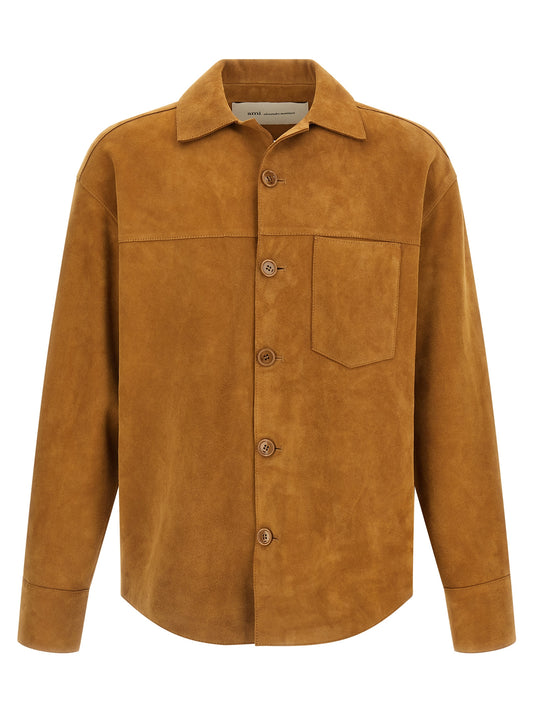 This Jacket by Ami Paris for men in suede lamb leather brown showcases a magnificent silhouette, meticulously crafted with a distinctive shirt-collar neckline and functional for a magnificent finish.