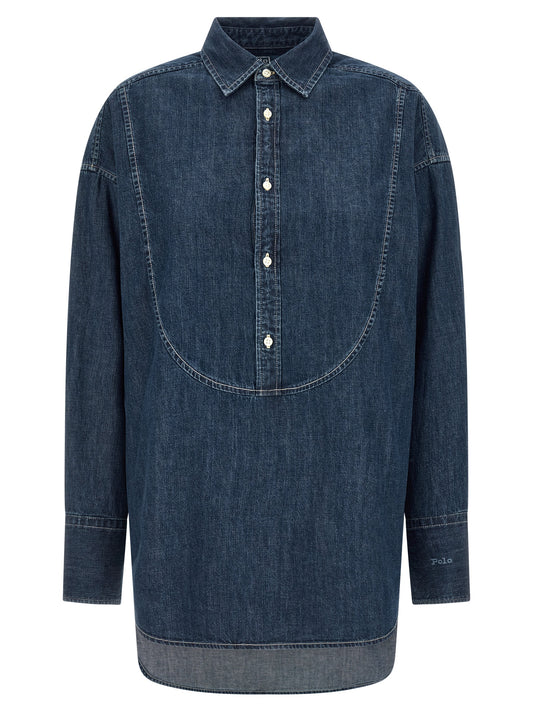 Blouse by Polo Ralph Lauren for women in denim cotton blue showcases a sharp silhouette, elegantly detailed with a sharp and sharp long-sleeve.