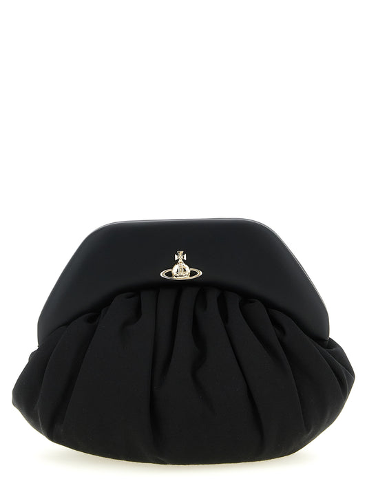 Shoulder Clutch Handbag by Vivienne Westwood for women in viscose & rubber black features a sculptural silhouette with a secure magnetic, ample , and versatile shoulder-strap & handle for a sculptural finish.