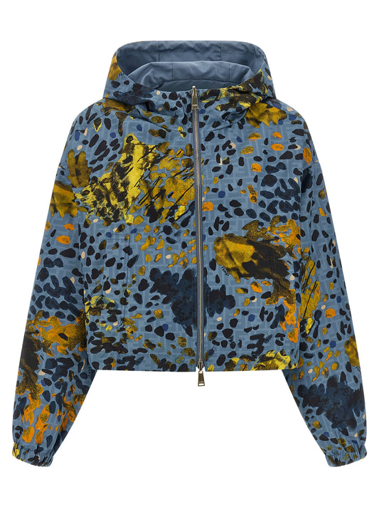 Hooded Windbreaker Jacket by Fendi for women in nylon polyester leather blue & print showcases a urban chic silhouette, detailed with a urban chic hooded neckline and functional pockets, hooded & windproof for a polished finish.