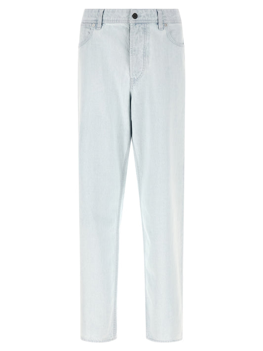 Jeans by Stone Island for men in denim cotton indigo & light-blue features a polished silhouette with a polished straight-leg, relaxed-fit & wide, reaching a polished long and finished with a polished .