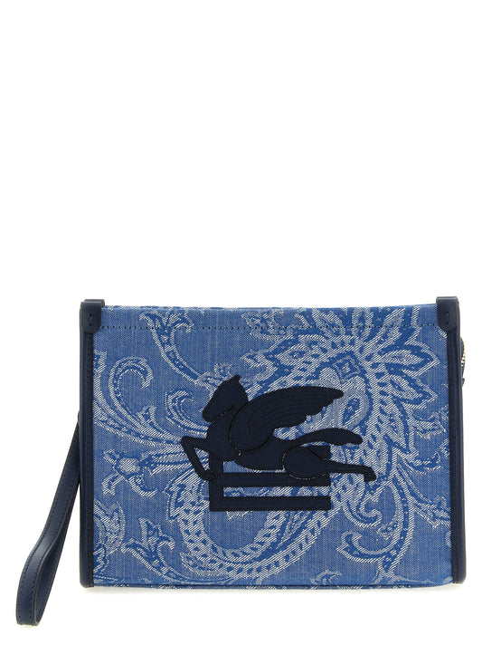 Clutch Handbag by Etro for women in stretch cotton light-blue, paisley & jacquard showcases a sculptural silhouette, featuring a secure zipper, ample , and versatile for a sculptural finish.