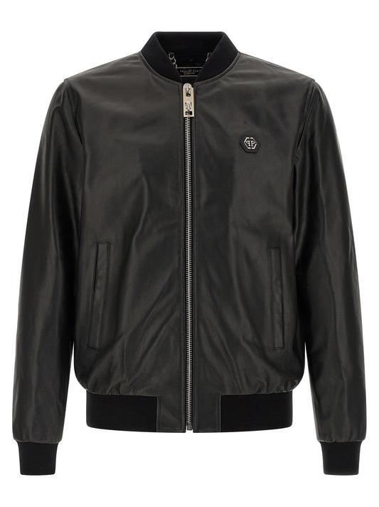 Bomber Jacket by Philipp Plein for men in lambskin leather black presents a effortlessly chic silhouette, showcasing a sophisticated and premium pockets for a truly effortlessly chic finish.