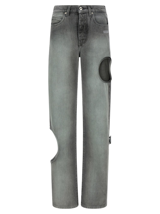 Jeans by Off-White for women in denim cotton gray, white, hooped & print presents a tailored silhouette, showcasing a tailored straight-leg and long cut with a refined for a truly tailored aesthetic.