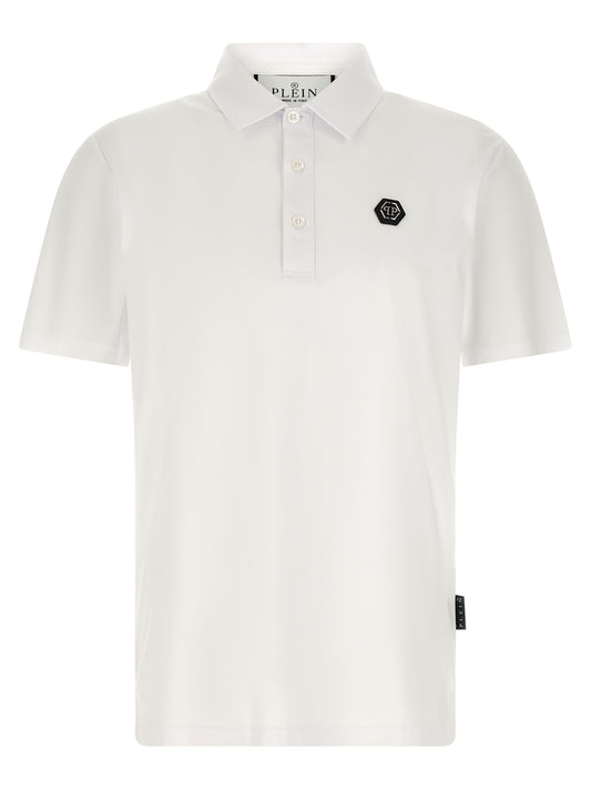 Polo Shirt by Philipp Plein for men in cotton white showcases a sharp silhouette, detailed with a refined and sharp short-sleeve for a sophisticated finish.