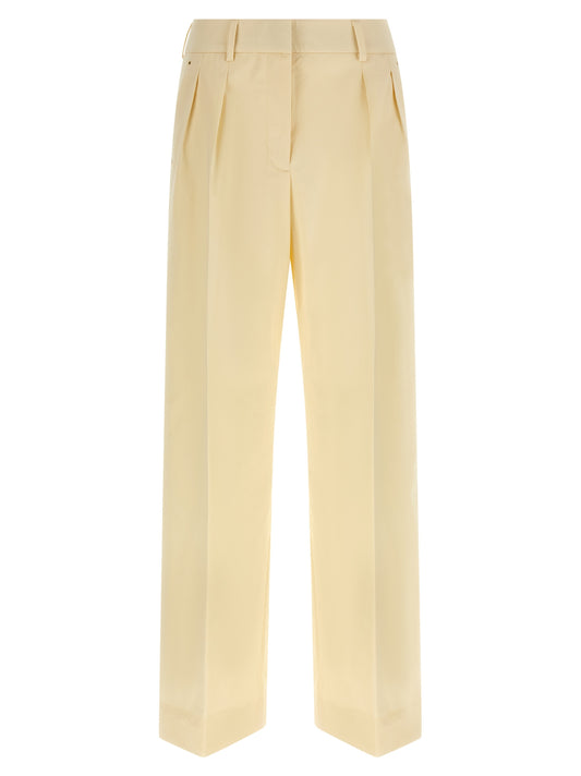Trousers by Moncler for women in leather & cotton beige features a sculptural silhouette, showcasing a sculptural straight-leg & wide and long with a sophisticated for a sculptural finish.