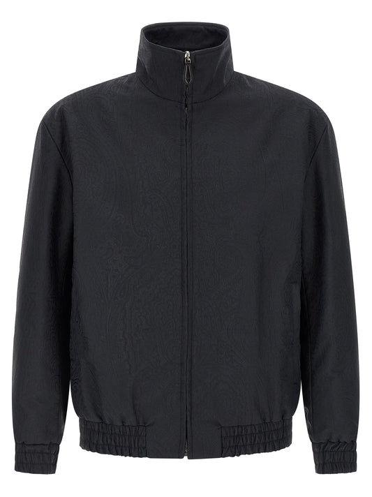Jacket by Etro for men in viscose & polyamide blue, patterned, paisley, jacquard & striped showcases a contemporary silhouette, detailed with a contemporary high-neck neckline and premium pockets for a sophisticated finish.