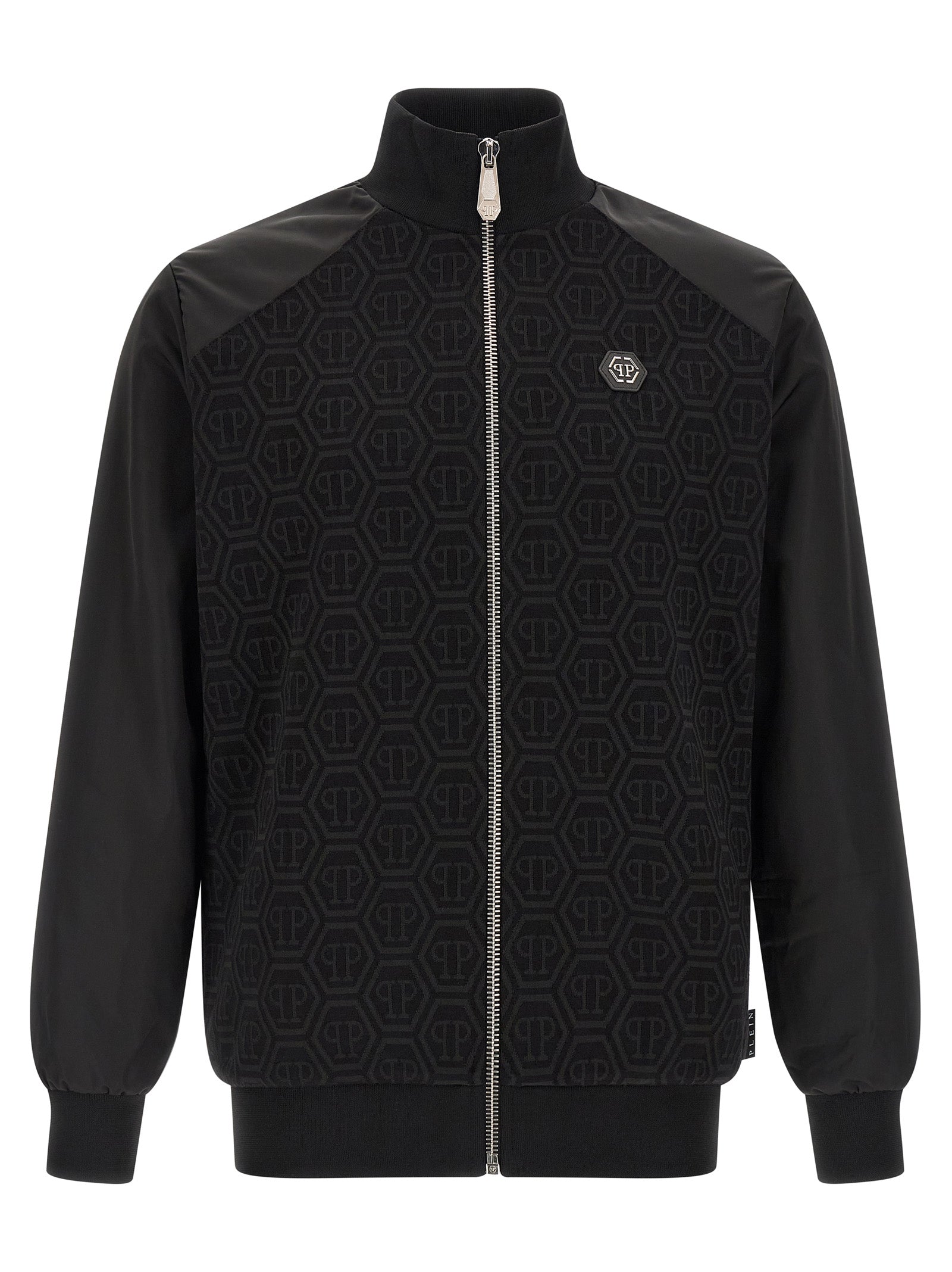 Sweatshirt by Philipp Plein for men in stretch polyester cotton black, jacquard & monogram features an provocated silhouette, detailed with a provocated and a refined high-neck neckline for a sophisticated aesthetic.