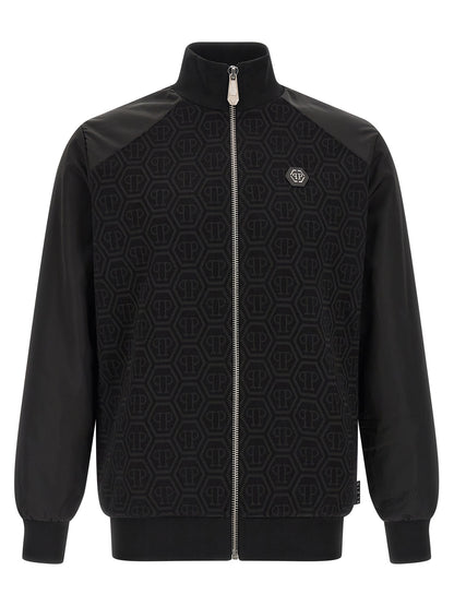 Sweatshirt by Philipp Plein for men in stretch polyester cotton black, jacquard & monogram features an provocated silhouette, detailed with a provocated and a refined high-neck neckline for a sophisticated aesthetic.