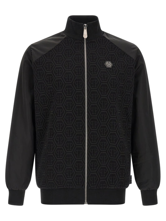 Sweatshirt by Philipp Plein for men in stretch polyester cotton black, jacquard & monogram features an provocated silhouette, detailed with a provocated and a refined high-neck neckline for a sophisticated aesthetic.