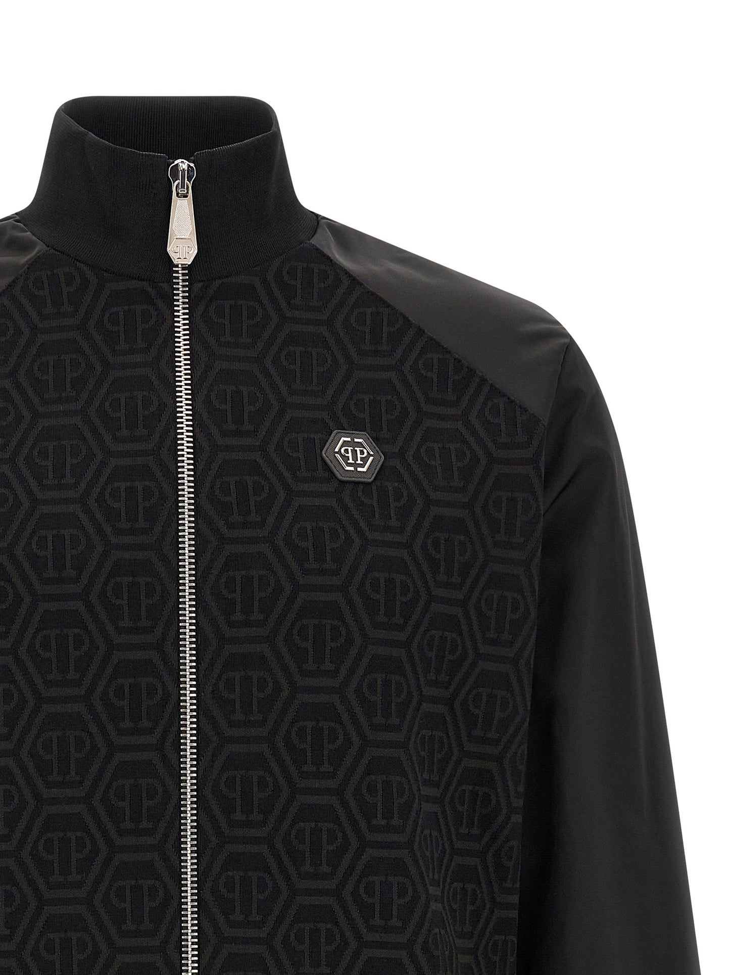 Sweatshirt by Philipp Plein for men in stretch polyester cotton black, jacquard & monogram presents a smart casual silhouette, featuring a smart casual high-neck neckline and for a sophisticated look.
