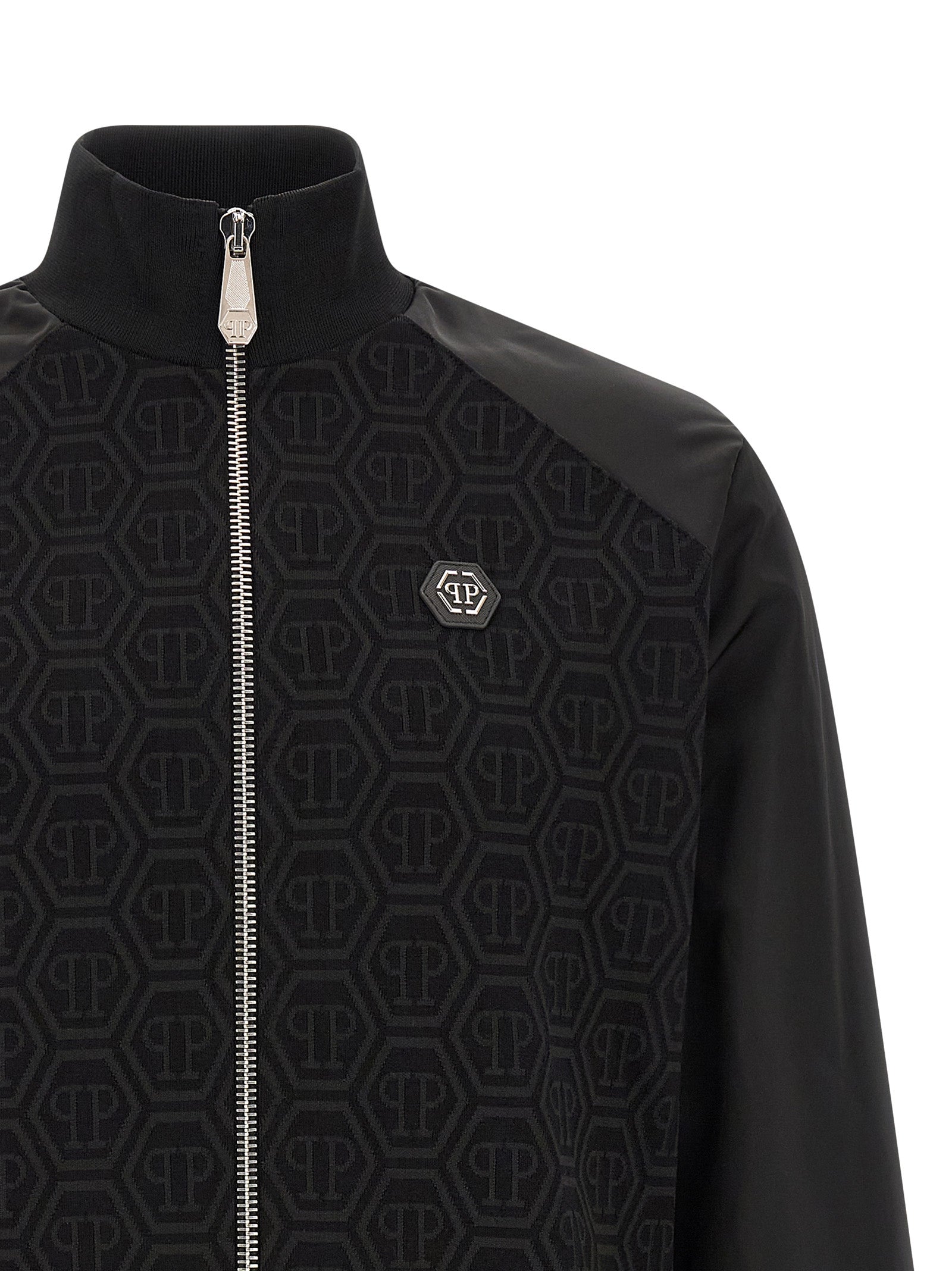 Sweatshirt by Philipp Plein for men in stretch polyester cotton black, jacquard & monogram presents a smart casual silhouette, featuring a smart casual high-neck neckline and for a sophisticated look.