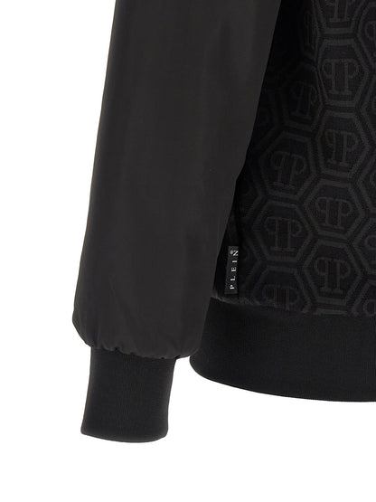 Sweatshirt by Philipp Plein for men in stretch polyester cotton black, jacquard & monogram showcases a slouchy chic silhouette, artfully detailed with a slouchy chic and for a slouchy chic finish.