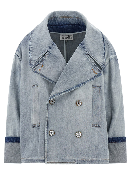 Trucker Jacket by MM6 Maison Margiela for women in denim cotton light-blue, white & signature features an contemporary silhouette, showcasing a sophisticated asymmetric lapel neckline and contemporary for a truly refined look.