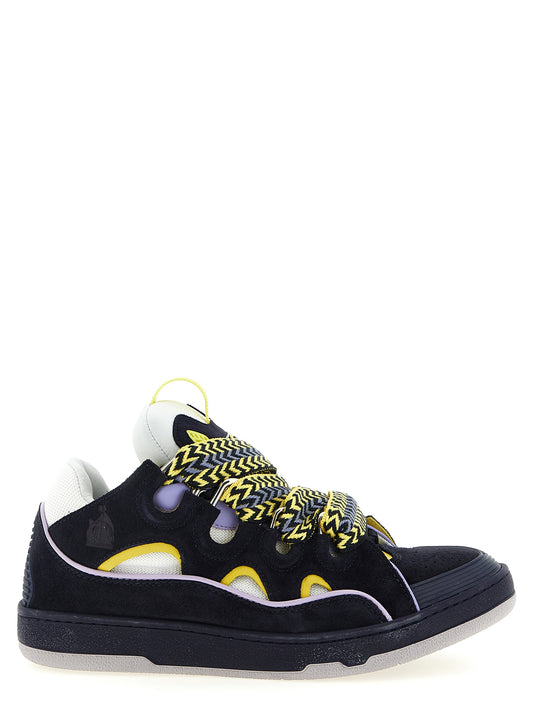 Athletic Sneakers by Lanvin for men in suede calfskin leather & polyester blue & herringbone presents a sleek silhouette, perfectly capturing the athletic style essence of Men's Athletic Suede Calfskin Leather & Polyester Sneakers with its sleek design and premium finish.