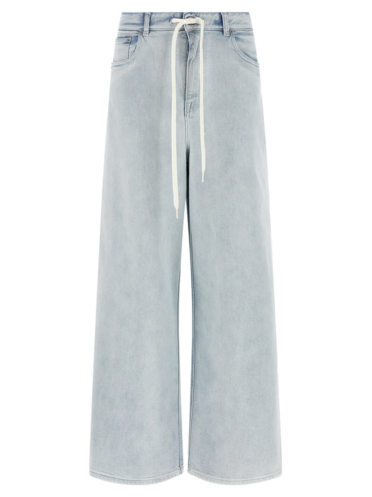 Jeans by MM6 Maison Margiela for women in stretch denim cotton light-blue, white & signature features an refined tailoring silhouette, showcasing a premium straight-leg & relaxed-fit with a and long cut for a refined tailoring look.