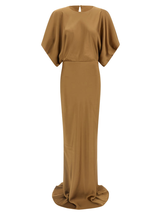 Dress by Norma Kamali for women in polyester satin beige features an cute silhouette, detailed with a short-sleeve and crew neckline that elegantly flows into a cute short long.