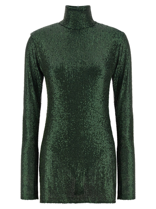Dress by Norma Kamali for women in polyester & sequins bicolour & green features an sultry silhouette defined by a high-neck neckline and long-sleeve, falling to an sultry short for a sultry look.