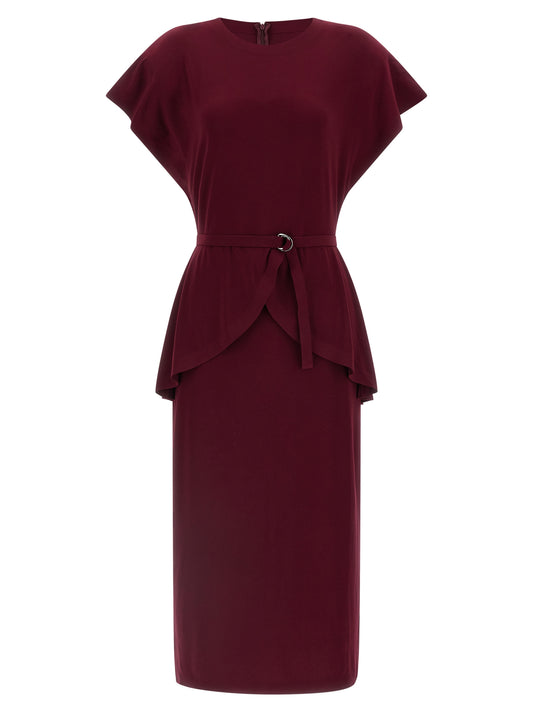 Dress by Norma Kamali for women in stretch polyester bordeaux presents a sinuous silhouette, showcasing a sophisticated crew neckline and short-sleeve detailed with a sinuous midi short for a refined finish.