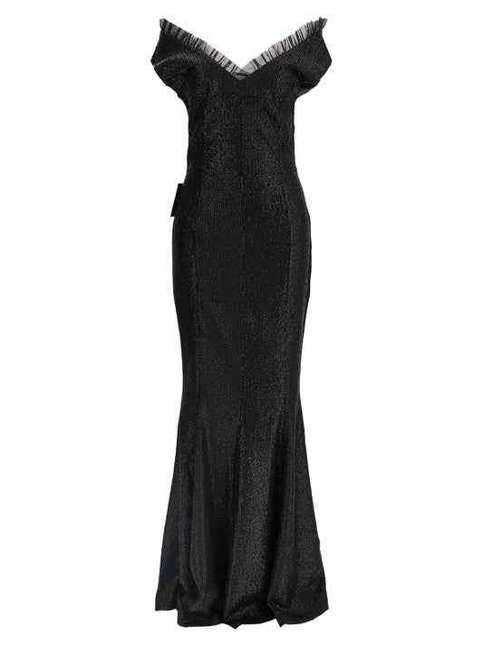 Dress by Norma Kamali for women in polyester & sequins black features an eye catching silhouette with a sophisticated sweetheart neckline, elegant , and a refined long for a eye catching aesthetic.
