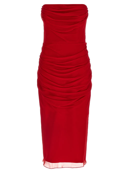 Dress by Carolina Herrera for women in silk chiffon multicolor & red features an magnificent silhouette, artfully detailed with a magnificent split strapless neckline and strapless that flows into an magnificent midi.