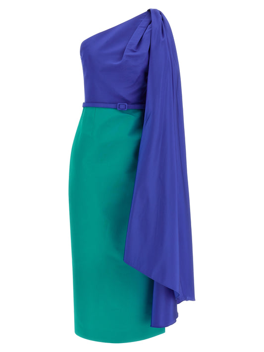 Dress by Carolina Herrera for women in silk multicolor features a dramatic silhouette, showcasing an elegant asymmetric neckline and that flows into a dramatic midi.