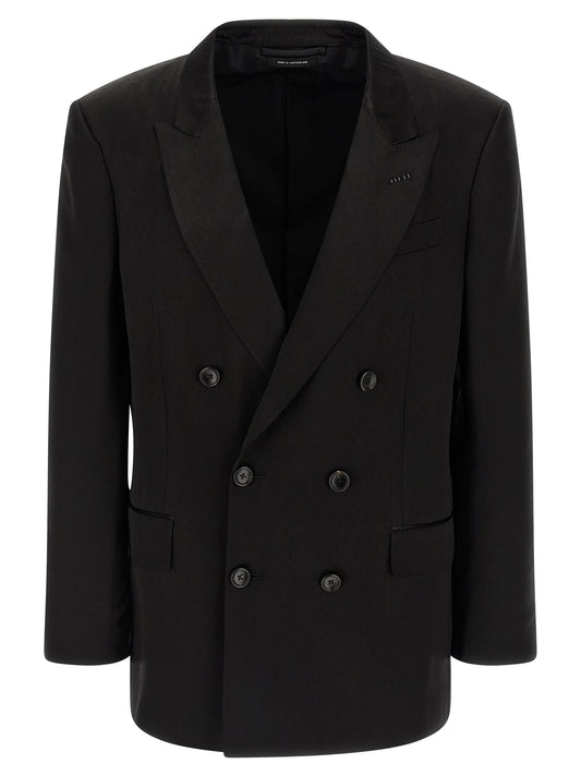 Blazer by Tom Ford for men in viscose silk & cupro black, horn & patterned showcases a polished silhouette, highlighted by a refined and polished for a sophisticated finish.