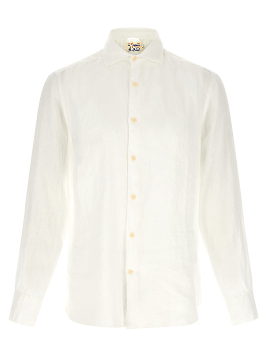 Shirt by MC2 Saint Barth for men in linen white showcases a sublime silhouette, artfully detailed with a sublime and long-sleeve for a sophisticated, sublime finish.