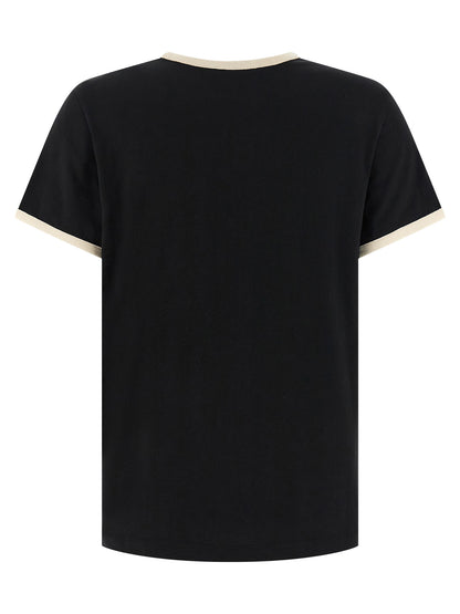 T-Shirt by Moncler for women in cotton black showcases a unassuming silhouette, artfully detailed with a refined crew neckline and unassuming for a sophisticated, contemporary look.