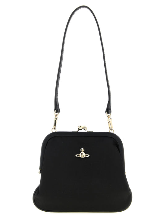 Evening Clutch Handbag by Vivienne Westwood for women in raffia viscose & leather black & signature features a sculptural silhouette with a secure snap, organized , and versatile handle for a sculptural finish.