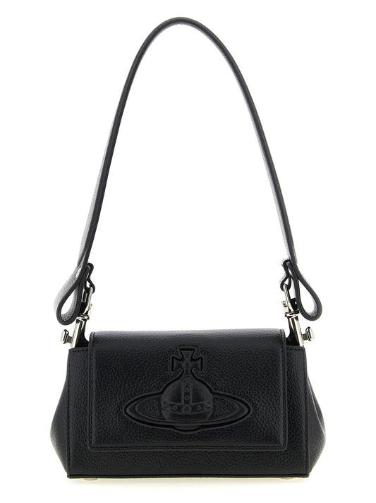 Shoulder Flap Bag by Vivienne Westwood for women in polyethylene polyurethane leather black presents a statuesque silhouette, showcasing a secure flap & magnetic and statuesque with versatile shoulder-strap & handle for a sophisticated look.