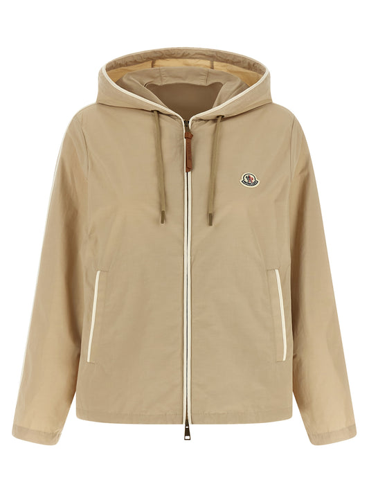 Hooded Windbreaker Jacket by Moncler for women in cotton polyester beige & signature features an stylish silhouette, showcasing a sophisticated hooded neckline and performance-driven pockets, hooded & windproof for a premium, stylish look.