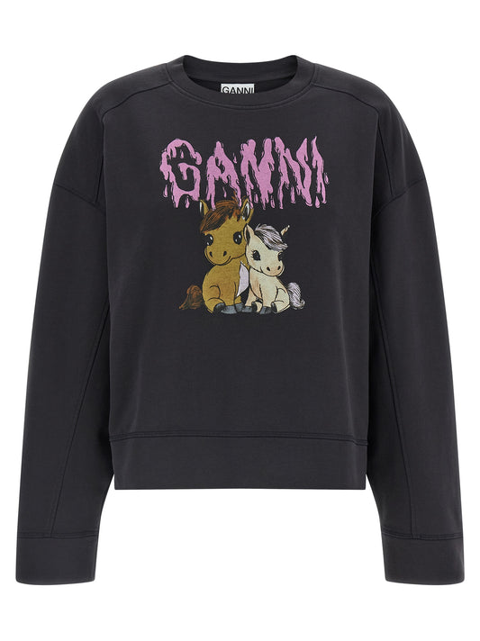 Activewear Sweatshirt by Ganni for women in organic cotton black & print showcases a versatile silhouette, artfully detailed with a versatile crew neckline and for a versatile finish with .