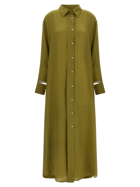 Dress by MAISON JEJIA for women in silk bicolour & green features an magnificent silhouette, artfully detailed with a magnificent shirt-collar neckline and long-sleeve that flows into an magnificent long.