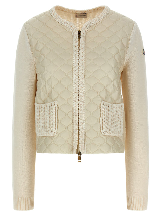 Cardigan by Moncler for women in polyamide cotton felt beige features a nuanced silhouette with a refined crew neckline and nuanced detailing for a sophisticated look.