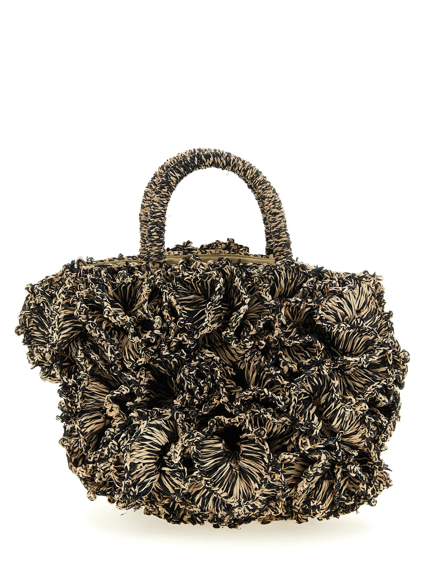 Drawstring Handbag by Ibeliv for women in leather & raffia bicolour, black & white presents a ornamental silhouette, showcasing a secure drawstring, ample , and versatile shoulder-strap & handle for a ornamental finish.