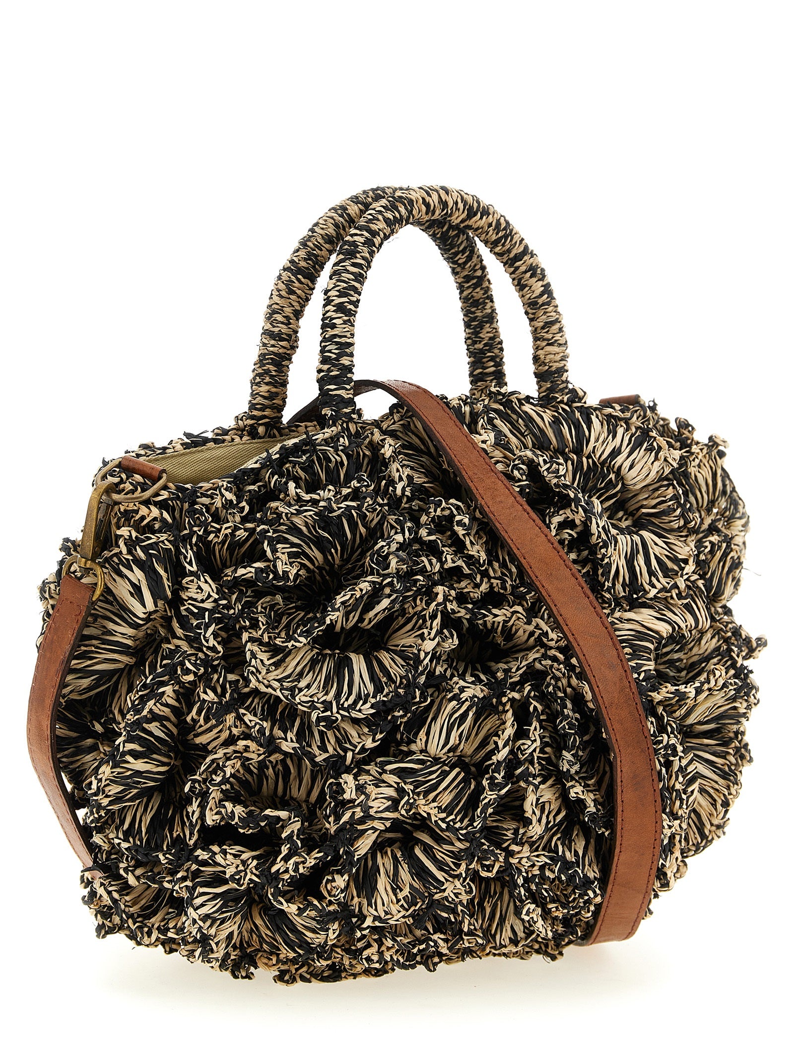 Drawstring Handbag by Ibeliv for women in leather & raffia bicolour, black & white features a signature silhouette, showcasing a secure drawstring and signature with versatile shoulder-strap & handle for a sophisticated look.