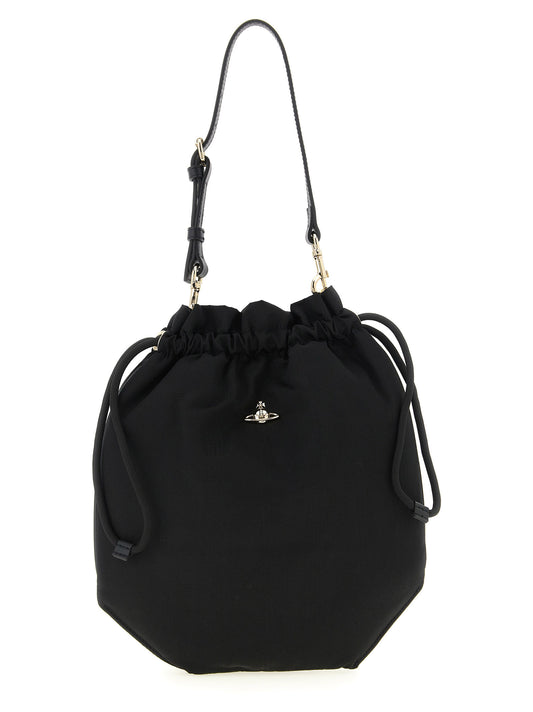 Drawstring Pouch Handbag by Vivienne Westwood for women in viscose & rubber black features a refined silhouette, showcasing a secure drawstring, organized , and versatile handle, adjustable-strap & detachable-strap for a refined finish.